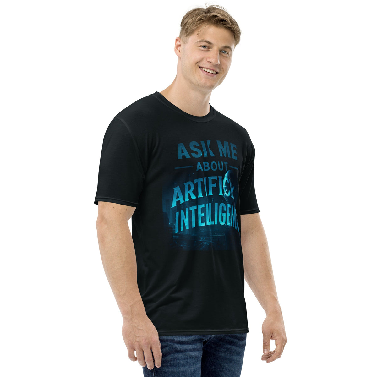 Image of the ChatGPT 4o Designed Ask Me About AI T-Shirt 3 (men).