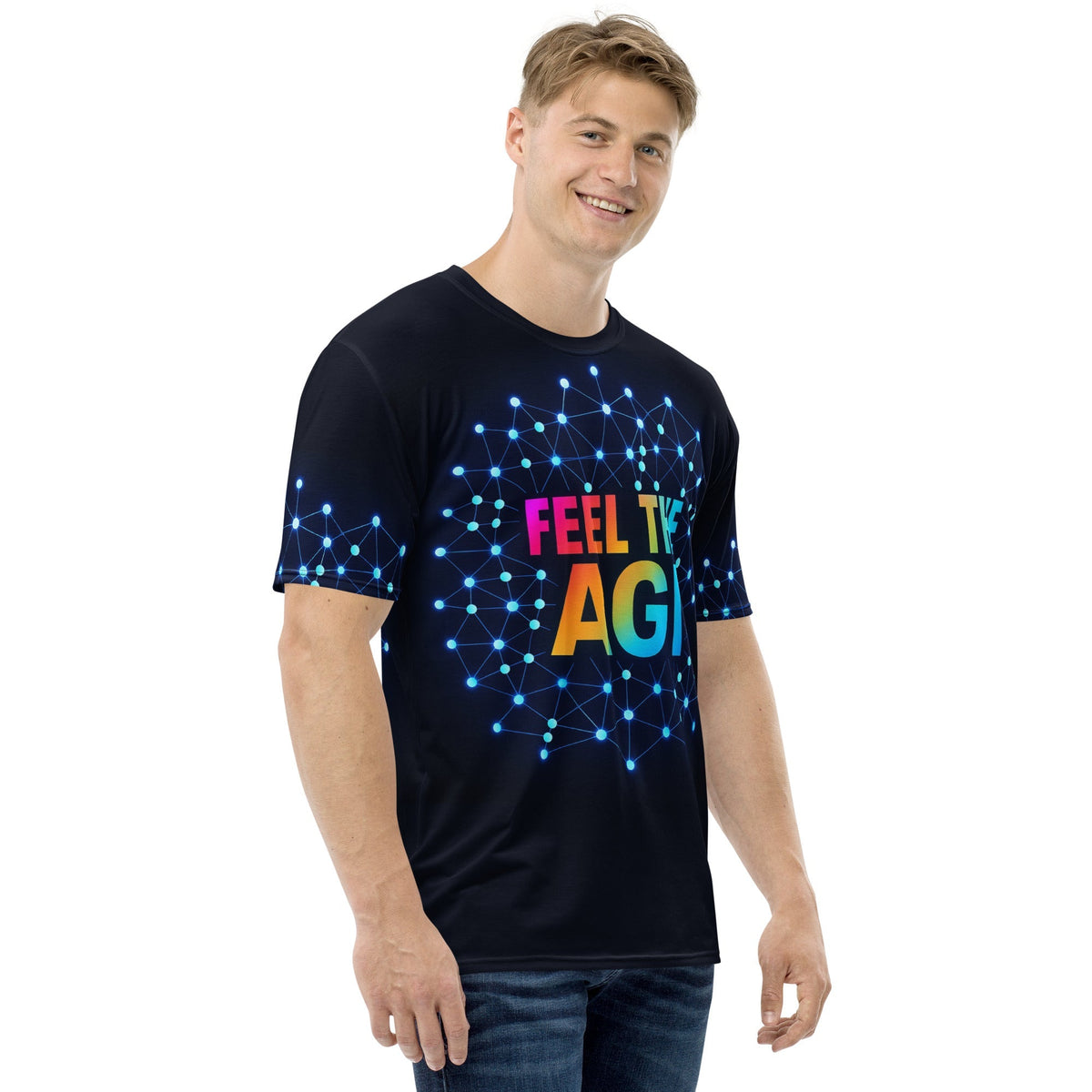 Image of the ChatGPT 4o Designed FEEL THE AGI Neural Network T-Shirt (men).