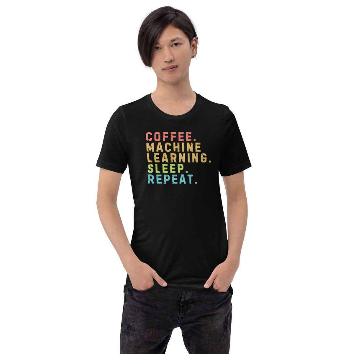 Image of the Coffee Machine Learning Sleep Repeat T-Shirt (unisex).
