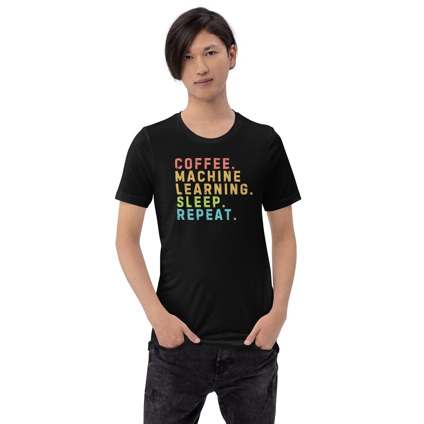 Image of the Coffee Machine Learning Sleep Repeat T-Shirt (unisex).