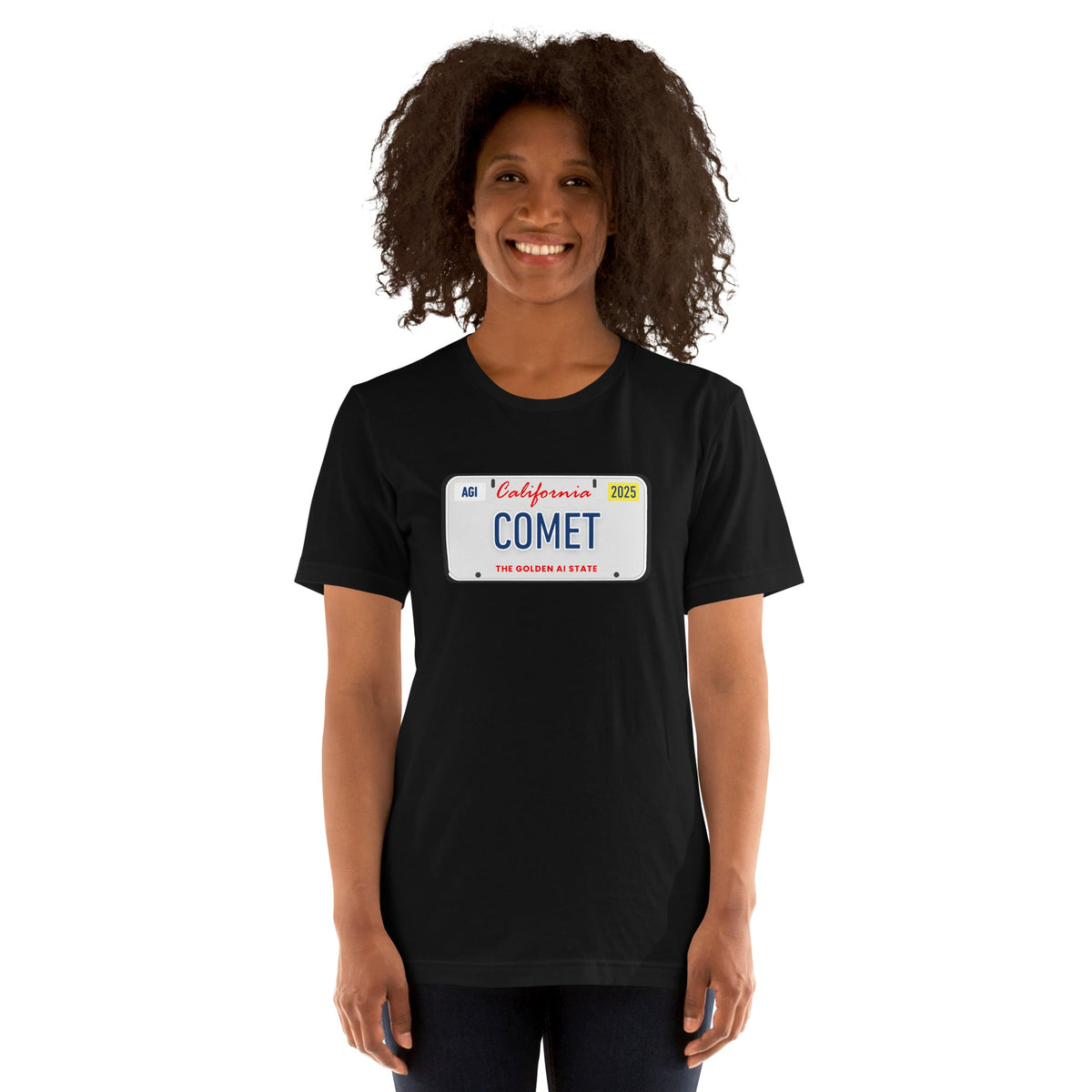 Product mockup photo of the COMET License Plate T Shirt (unisex).