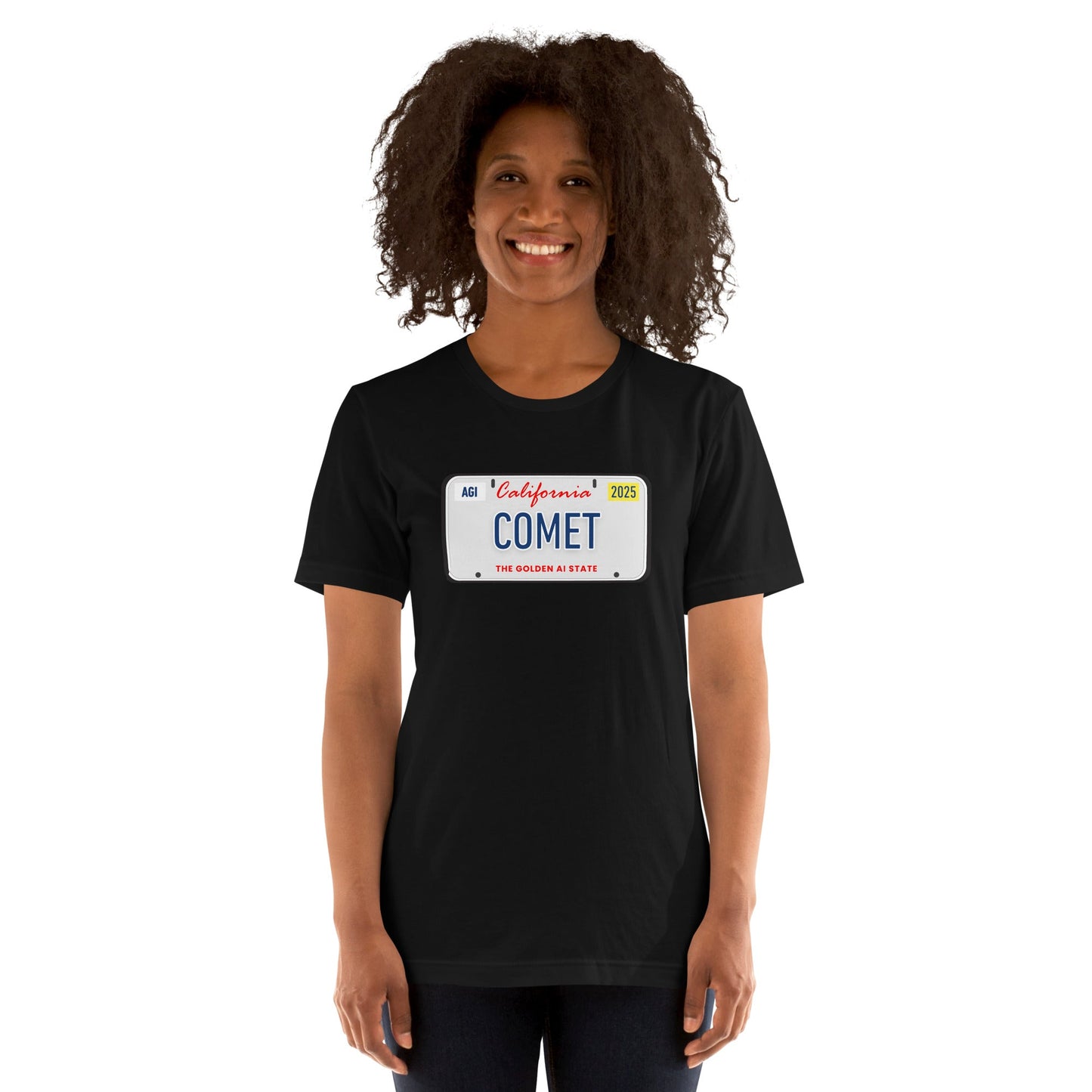 Product mockup photo of the COMET License Plate T Shirt (unisex).