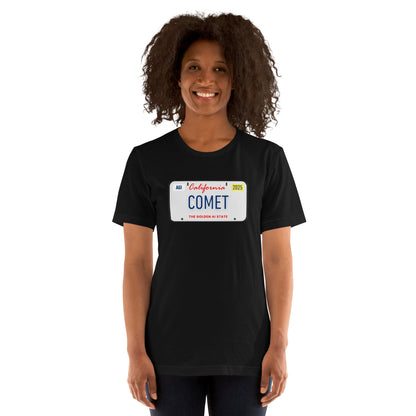 Product mockup photo of the COMET License Plate T Shirt (unisex).