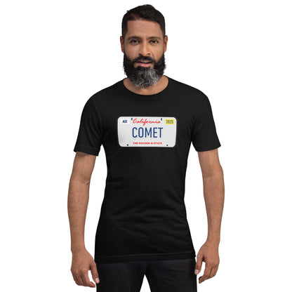 Product mockup photo of the COMET License Plate T Shirt (unisex).