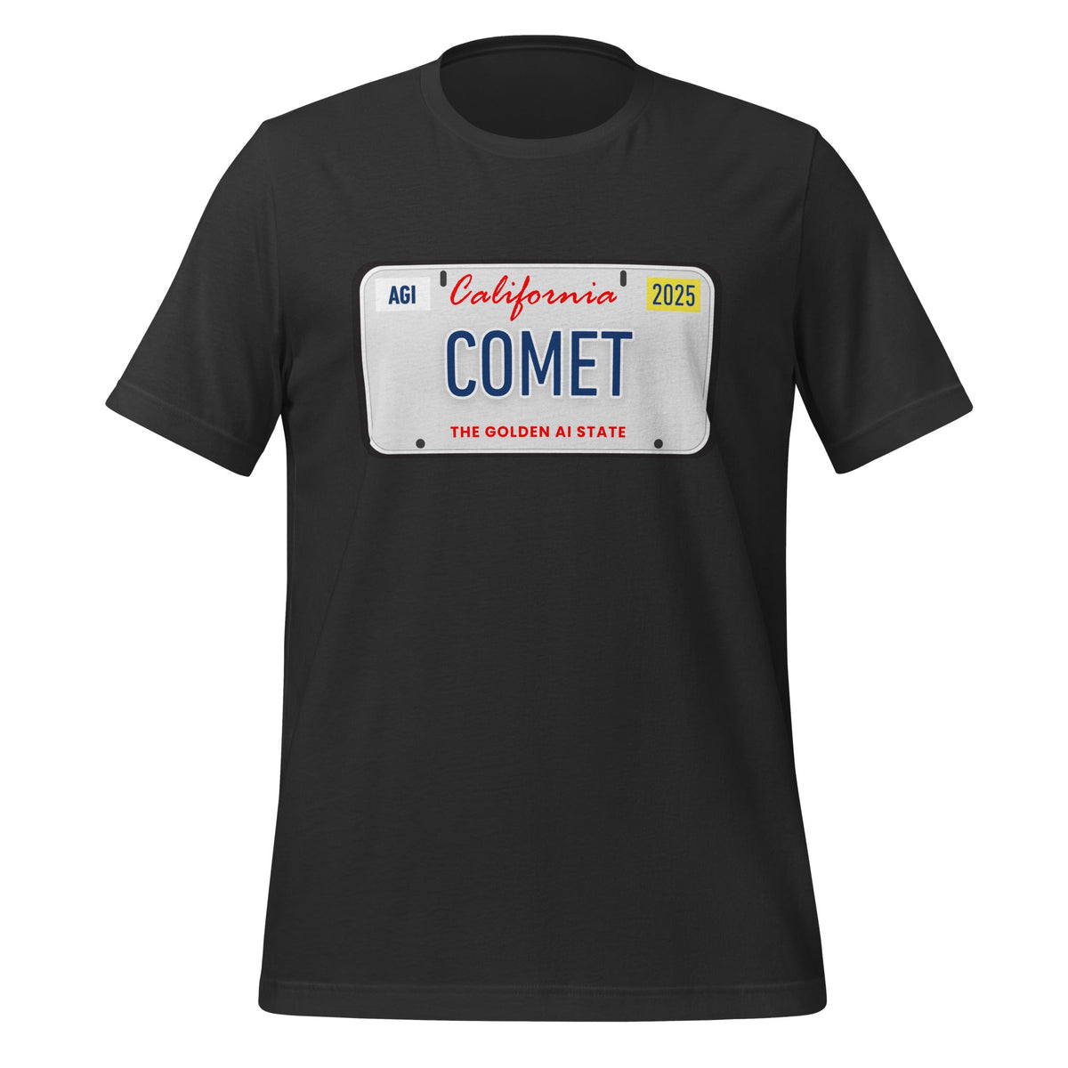 Product mockup photo of the COMET License Plate T Shirt (unisex) Dark Grey / M.