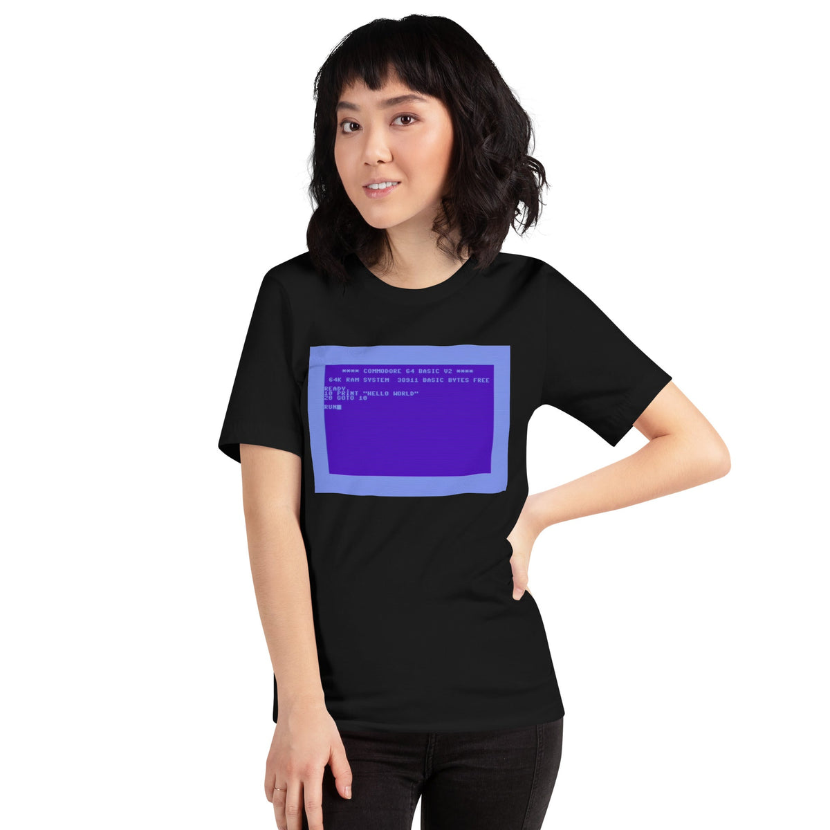 Product mockup photo of the Commodore 64 Hello World T-Shirt (unisex).