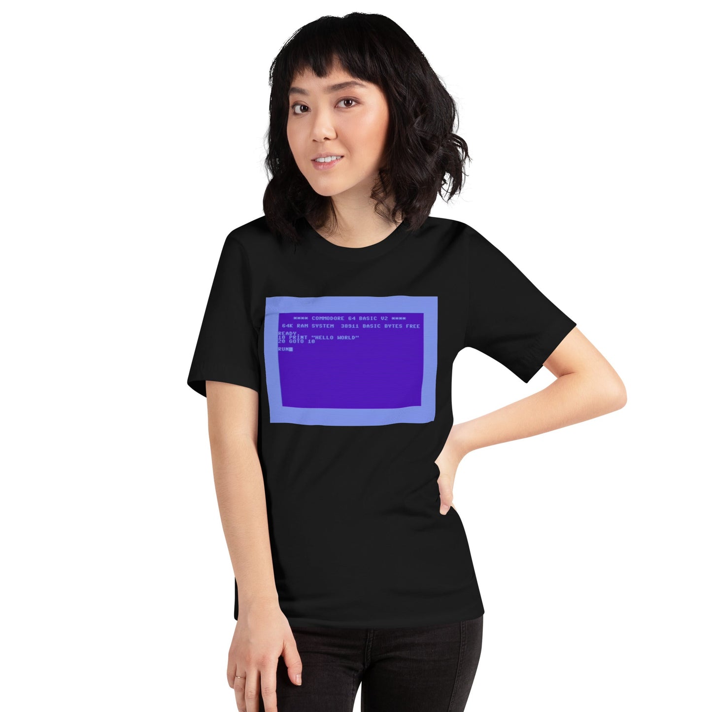 Product mockup photo of the Commodore 64 Hello World T-Shirt (unisex).
