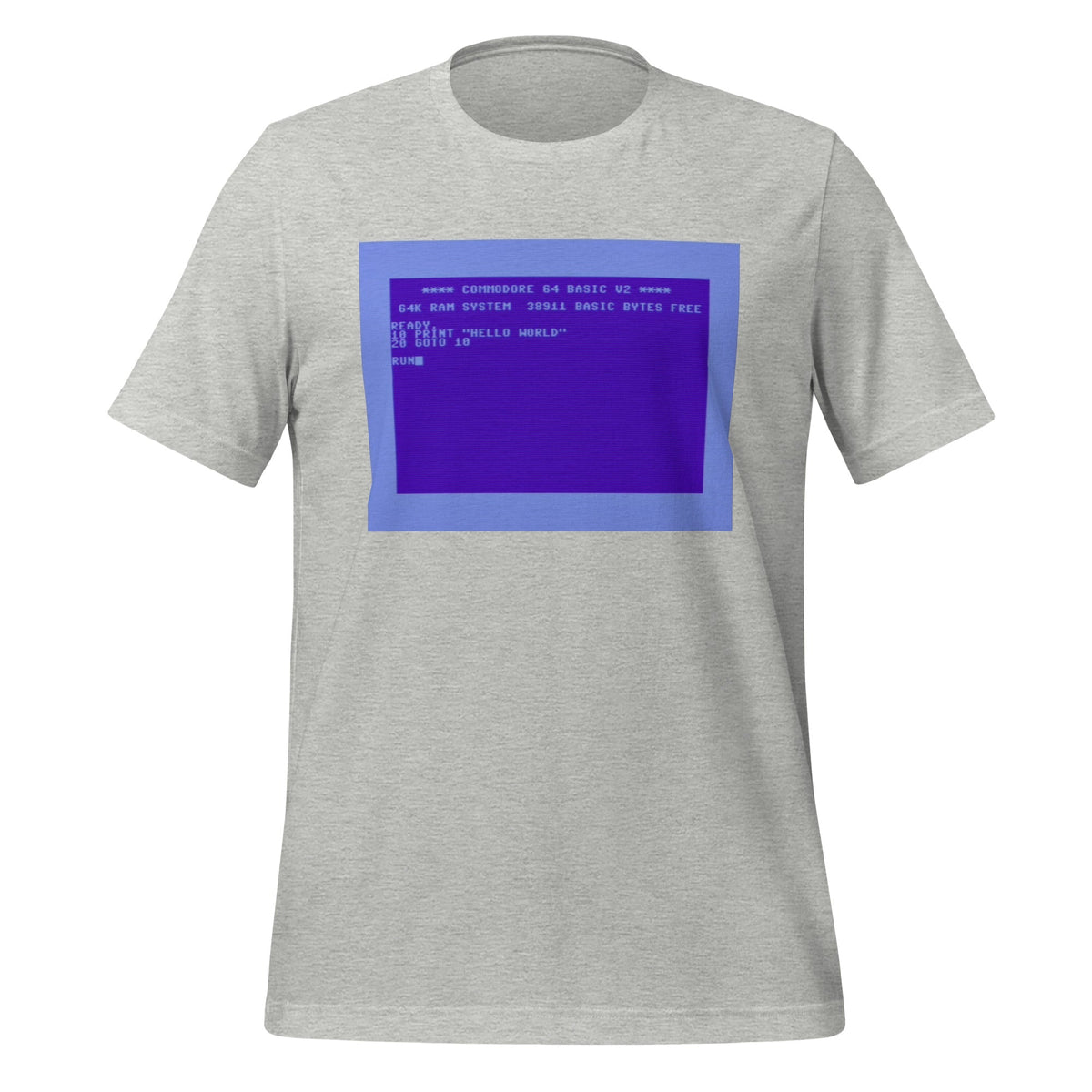 Product mockup photo of the Commodore 64 Hello World T-Shirt (unisex) Athletic Heather / M.