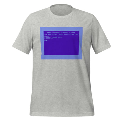 Product mockup photo of the Commodore 64 Hello World T-Shirt (unisex) Athletic Heather / M.