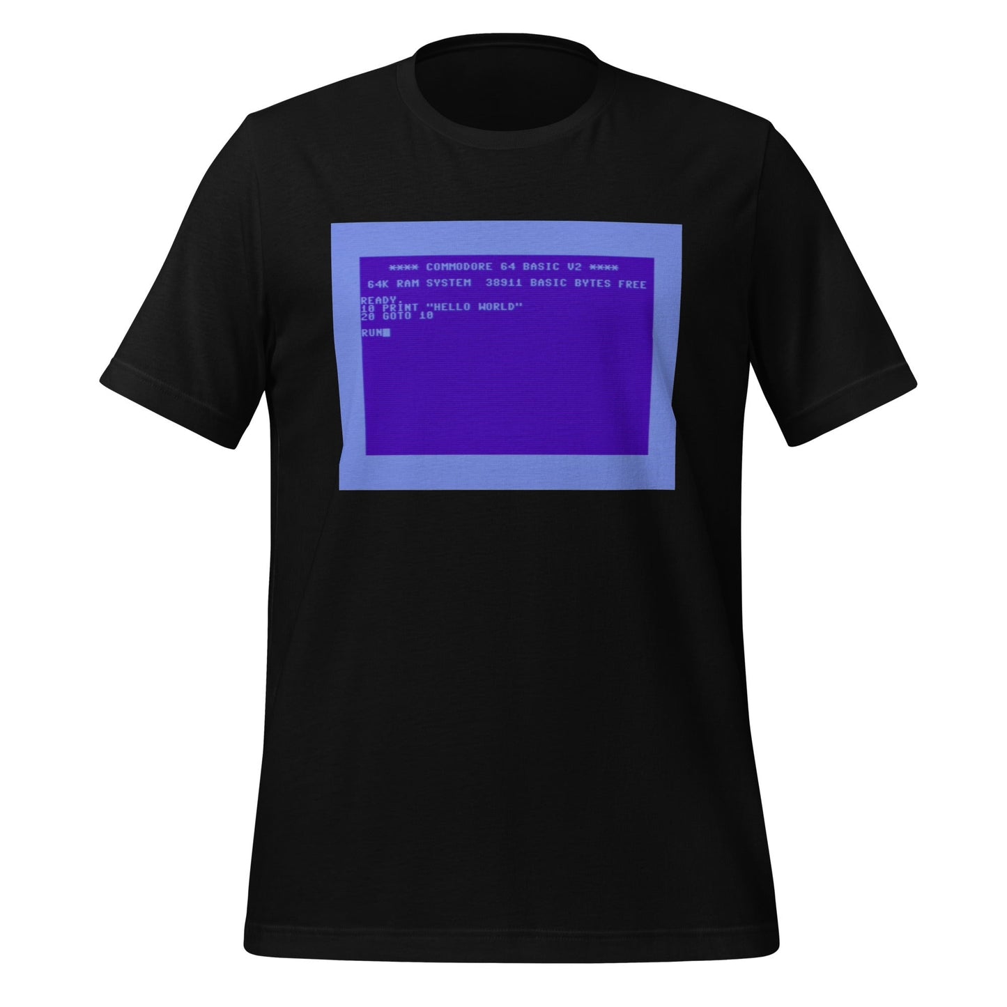 Product mockup photo of the Commodore 64 Hello World T-Shirt (unisex) Black / M.