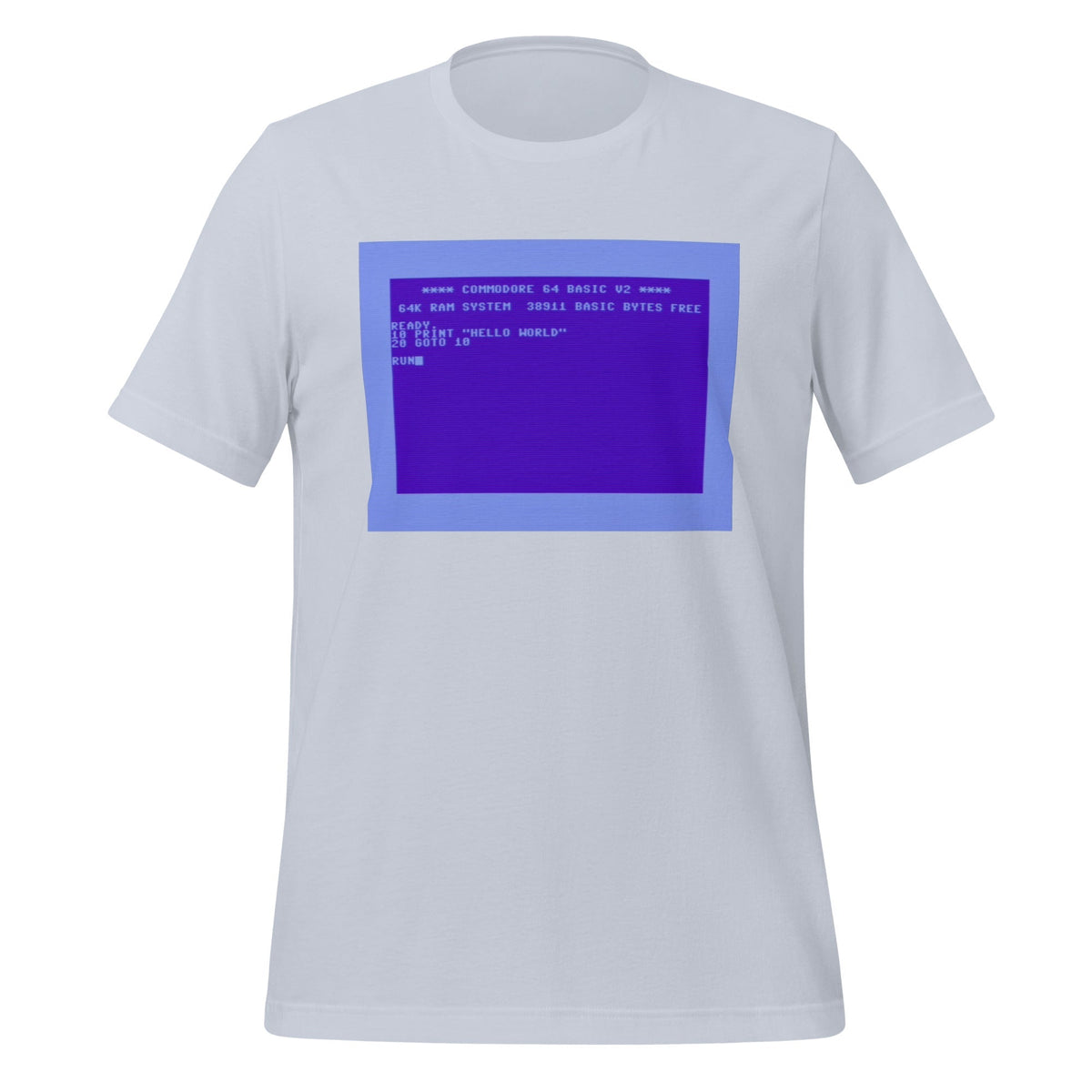 Product mockup photo of the Commodore 64 Hello World T-Shirt (unisex) Light Blue / M.
