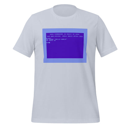 Product mockup photo of the Commodore 64 Hello World T-Shirt (unisex) Light Blue / M.
