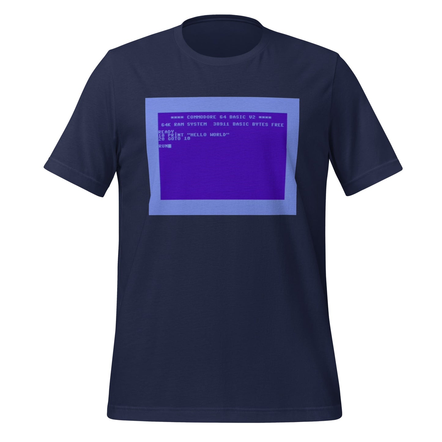 Product mockup photo of the Commodore 64 Hello World T-Shirt (unisex) Navy / M.