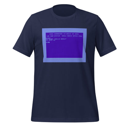 Product mockup photo of the Commodore 64 Hello World T-Shirt (unisex) Navy / M.