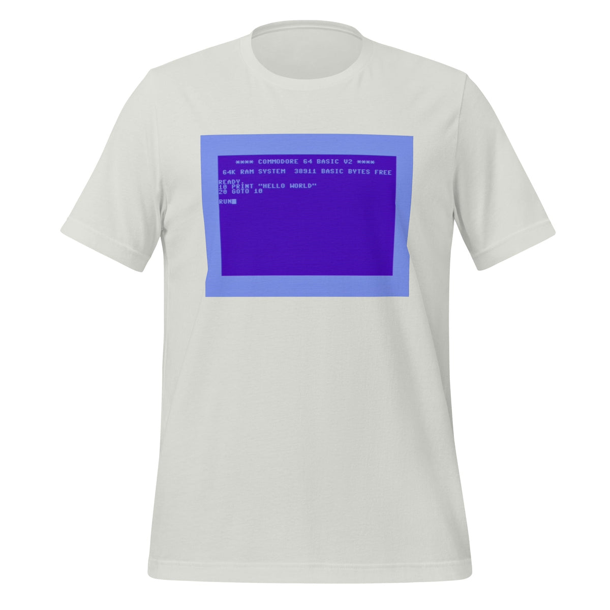 Product mockup photo of the Commodore 64 Hello World T-Shirt (unisex) Silver / M.