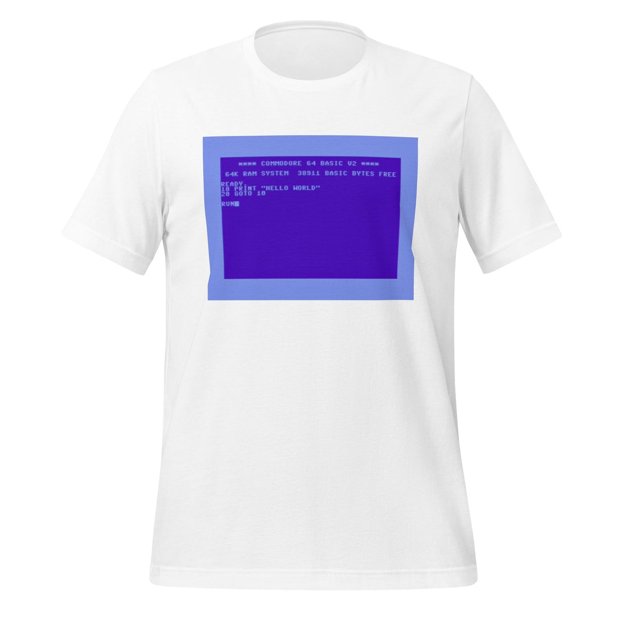 Product mockup photo of the Commodore 64 Hello World T-Shirt (unisex) White / M.