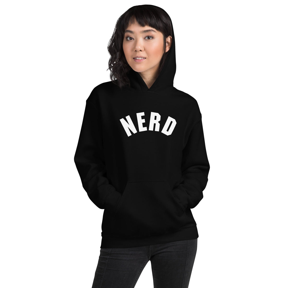 Product mockup photo of the Curved Nerd Sign Hoodie (unisex).