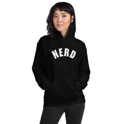 Product mockup photo of the Curved Nerd Sign Hoodie (unisex).