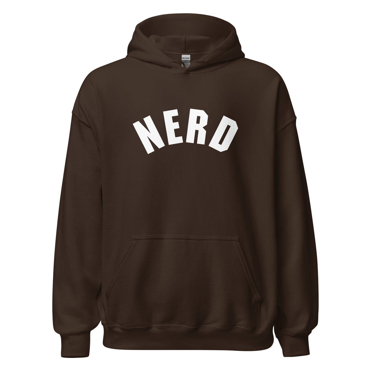 Product mockup photo of the Curved Nerd Sign Hoodie (unisex) Dark Chocolate / M.