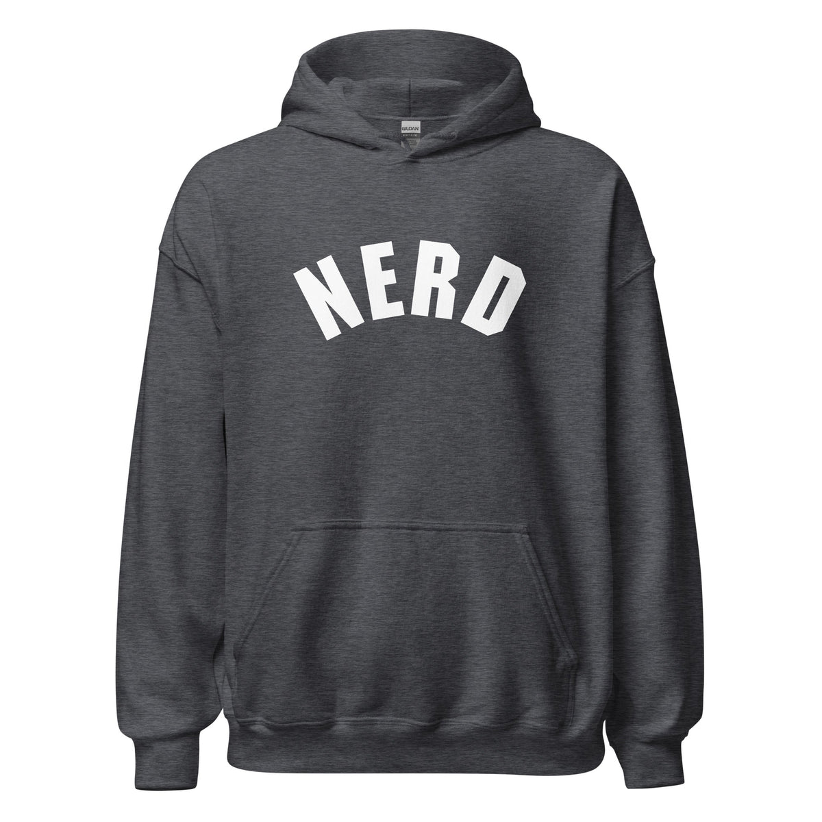 Product mockup photo of the Curved Nerd Sign Hoodie (unisex) Dark Heather / M.
