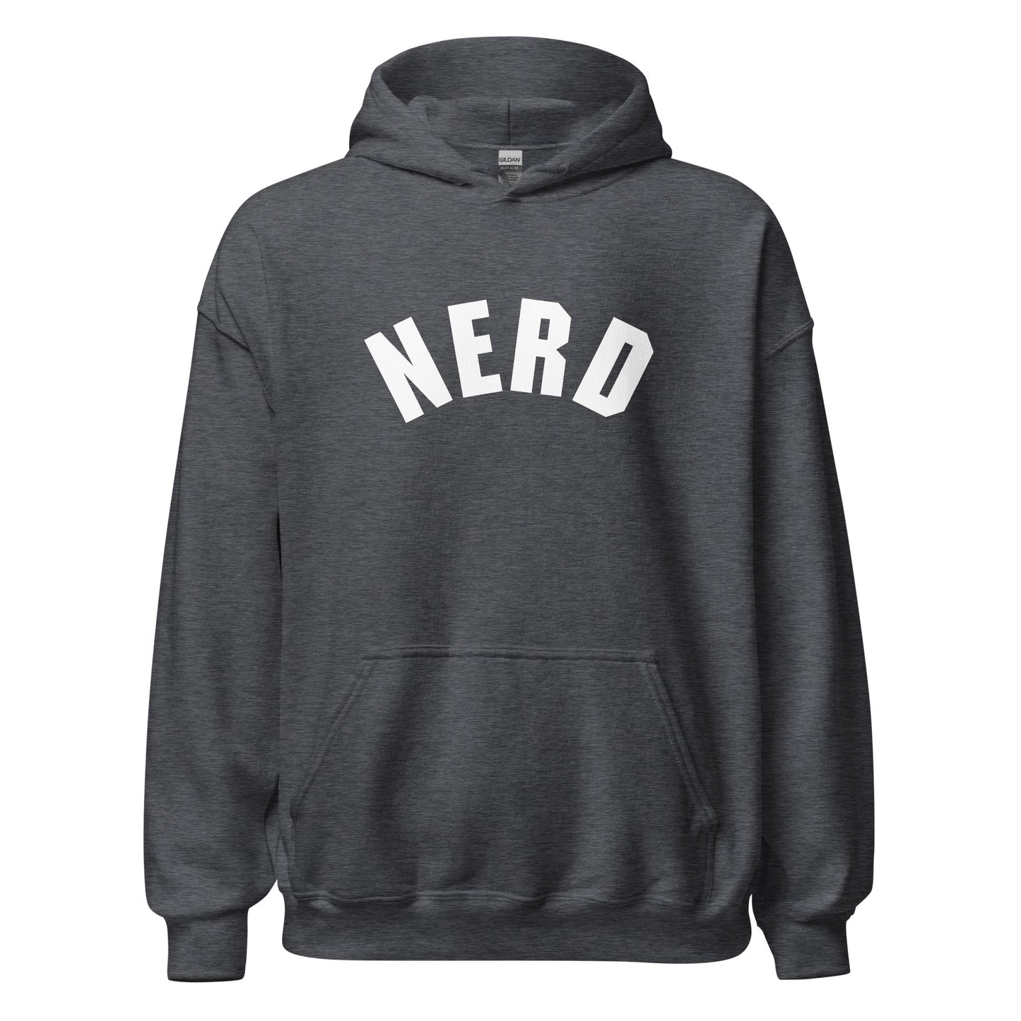 Product mockup photo of the Curved Nerd Sign Hoodie (unisex) Dark Heather / M.