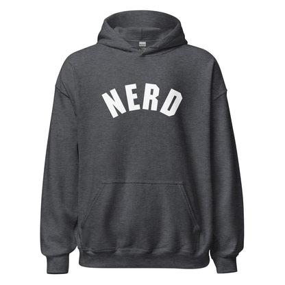 Product mockup photo of the Curved Nerd Sign Hoodie (unisex) Dark Heather / M.