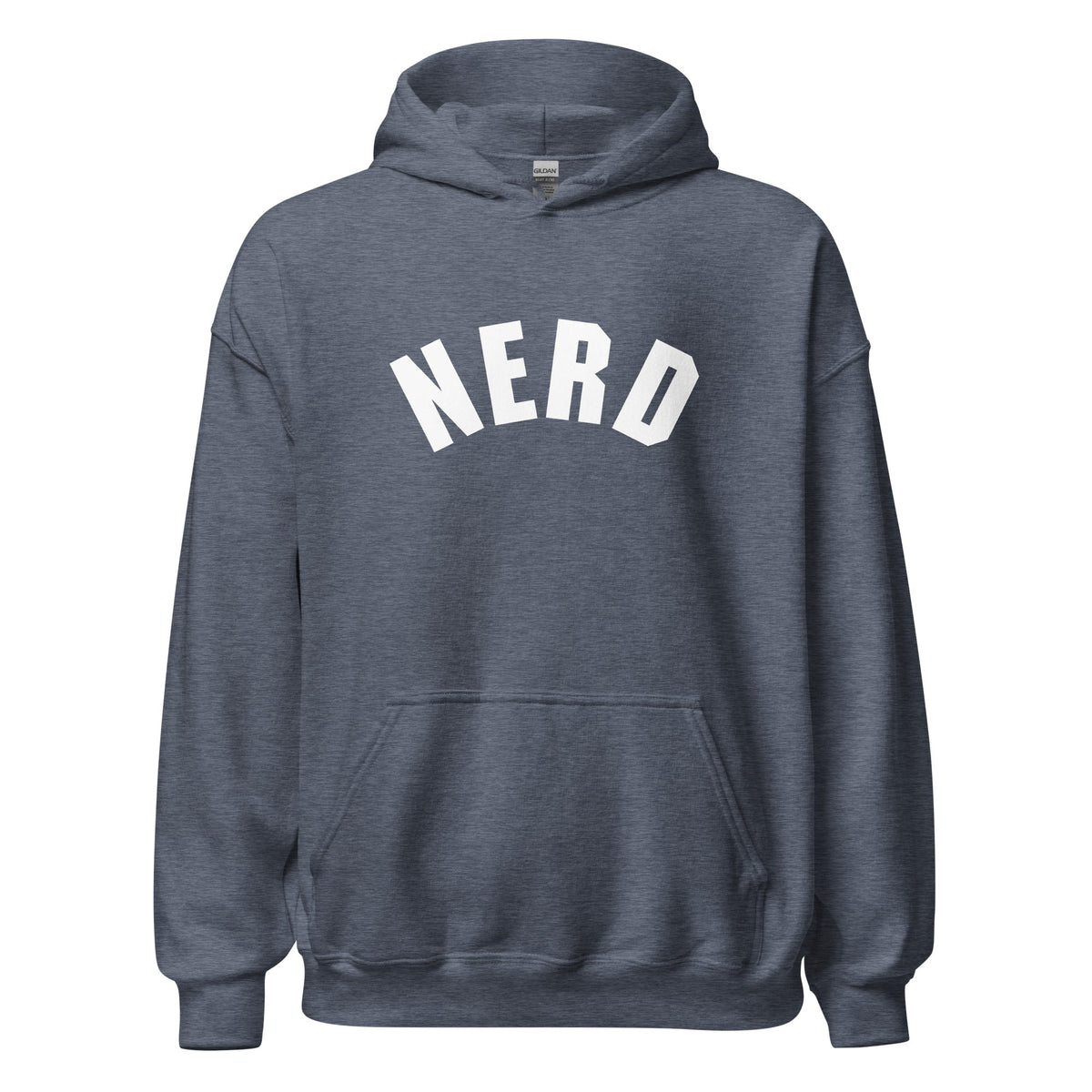 Product mockup photo of the Curved Nerd Sign Hoodie (unisex) Heather Sport Dark Navy / M.