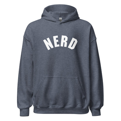 Product mockup photo of the Curved Nerd Sign Hoodie (unisex) Heather Sport Dark Navy / M.
