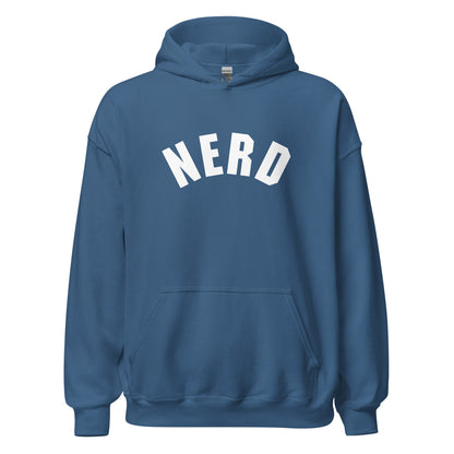 Product mockup photo of the Curved Nerd Sign Hoodie (unisex) Indigo Blue / M.