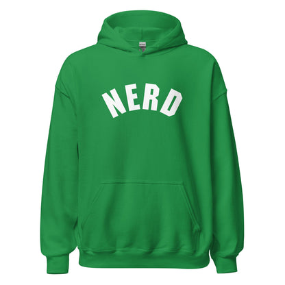 Product mockup photo of the Curved Nerd Sign Hoodie (unisex) Irish Green / M.