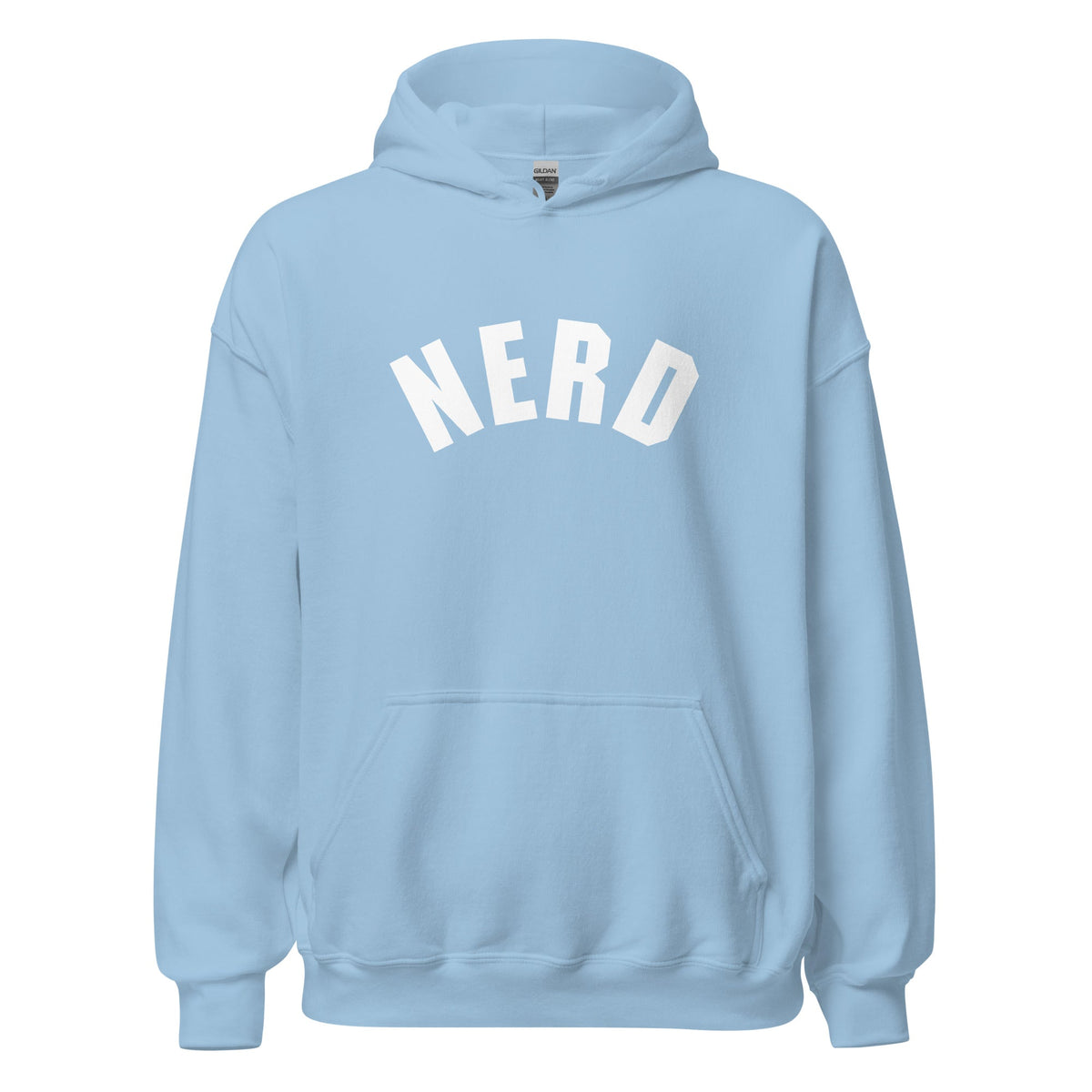 Product mockup photo of the Curved Nerd Sign Hoodie (unisex) Light Blue / M.