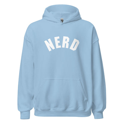 Product mockup photo of the Curved Nerd Sign Hoodie (unisex) Light Blue / M.