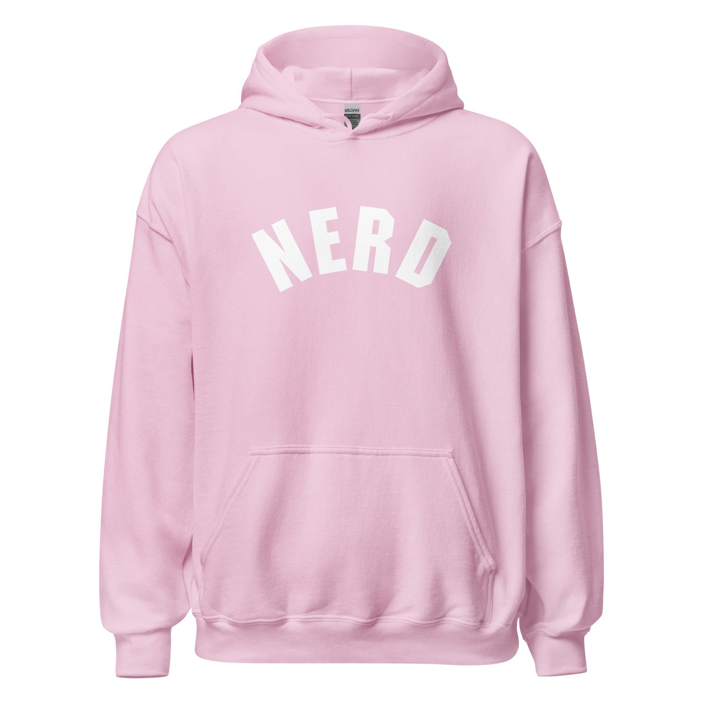 Product mockup photo of the Curved Nerd Sign Hoodie (unisex) Light Pink / M.