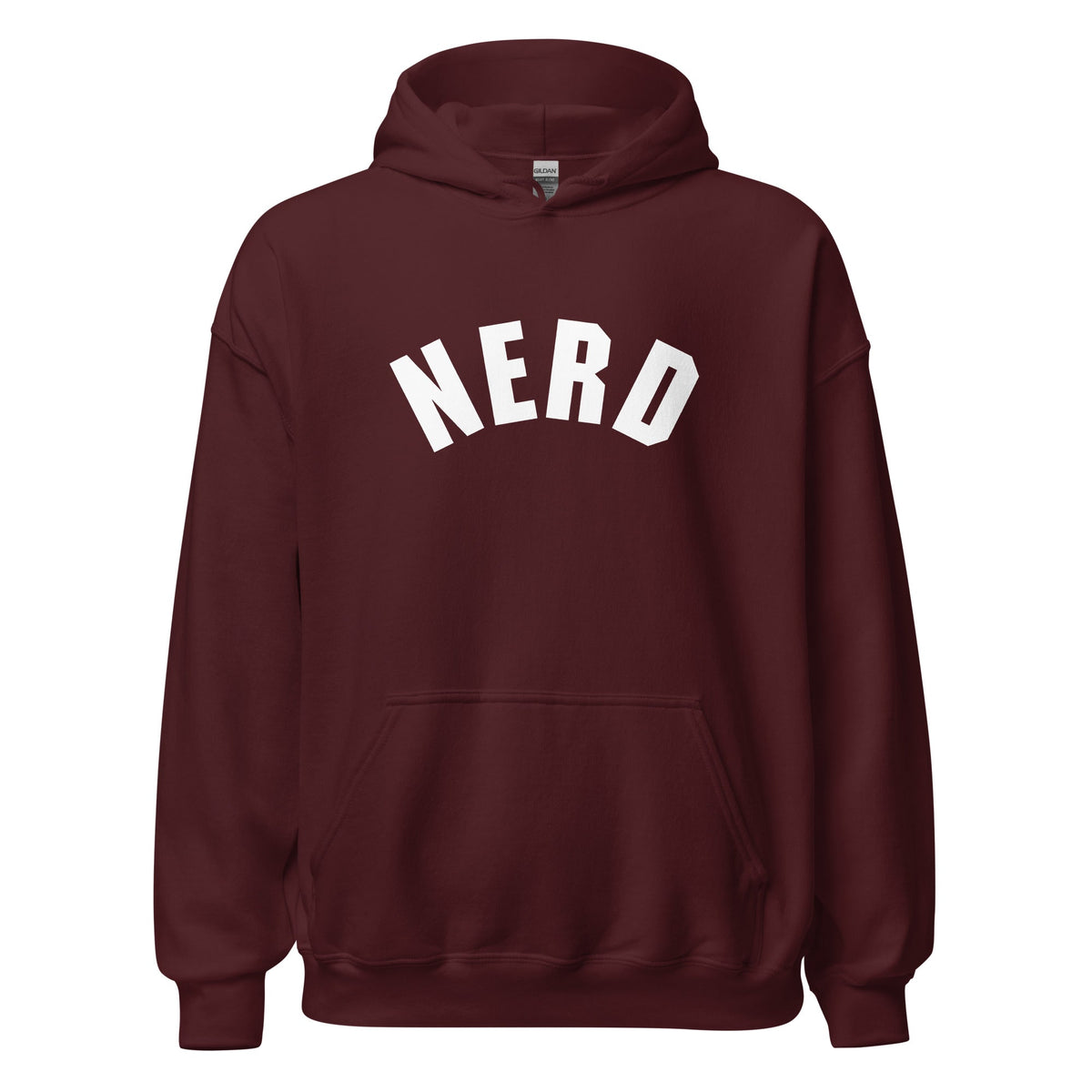 Product mockup photo of the Curved Nerd Sign Hoodie (unisex) Maroon / M.