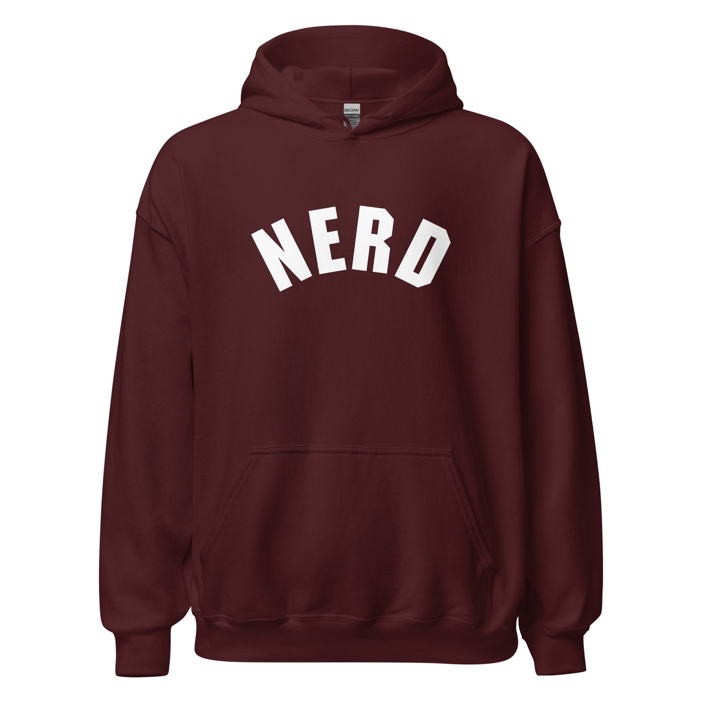 Product mockup photo of the Curved Nerd Sign Hoodie (unisex) Maroon / M.