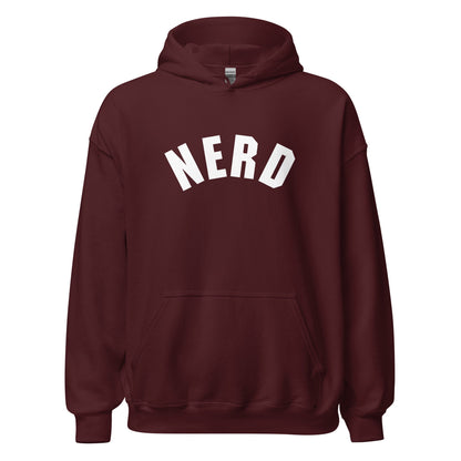 Product mockup photo of the Curved Nerd Sign Hoodie (unisex) Maroon / M.
