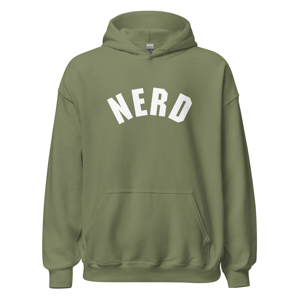 Product mockup photo of the Curved Nerd Sign Hoodie (unisex) Military Green / M.
