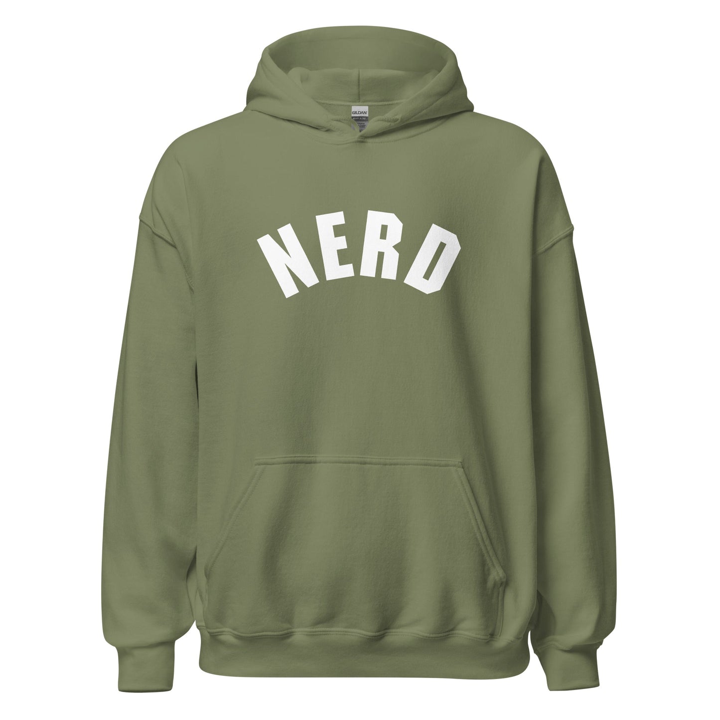 Product mockup photo of the Curved Nerd Sign Hoodie (unisex) Military Green / M.