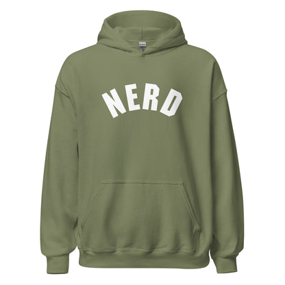 Product mockup photo of the Curved Nerd Sign Hoodie (unisex) Military Green / M.