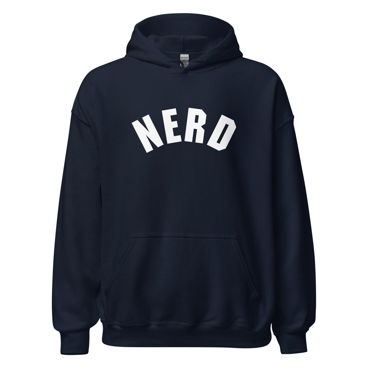 Product mockup photo of the Curved Nerd Sign Hoodie (unisex) Navy / M.