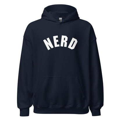 Product mockup photo of the Curved Nerd Sign Hoodie (unisex) Navy / M.