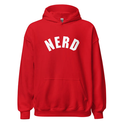 Product mockup photo of the Curved Nerd Sign Hoodie (unisex) Red / M.