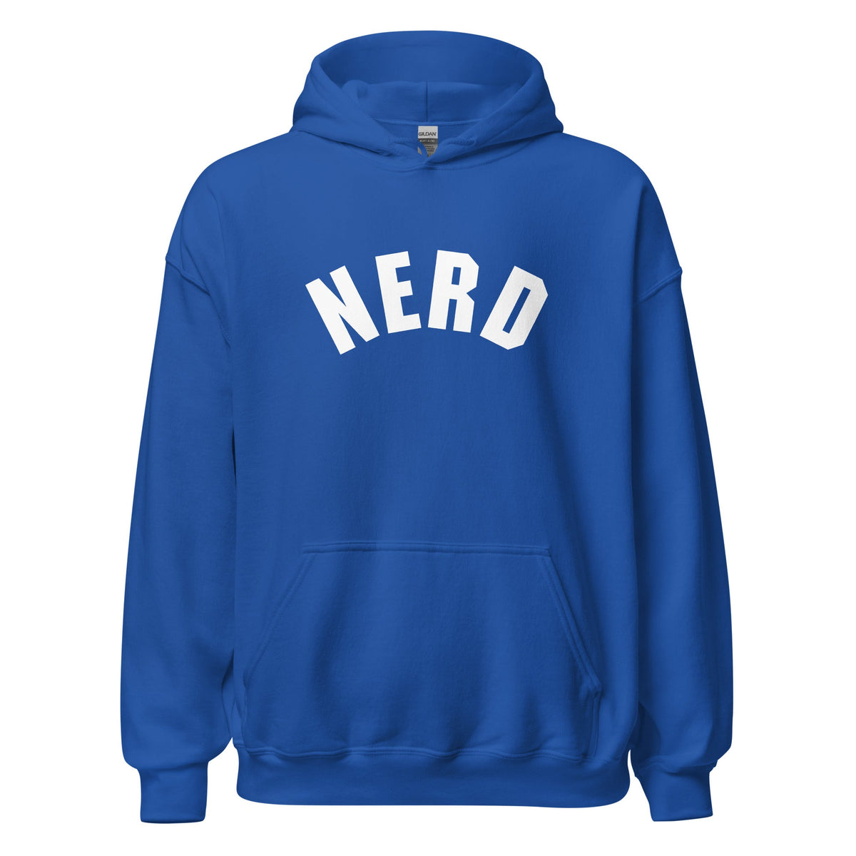 Product mockup photo of the Curved Nerd Sign Hoodie (unisex) Royal / M.