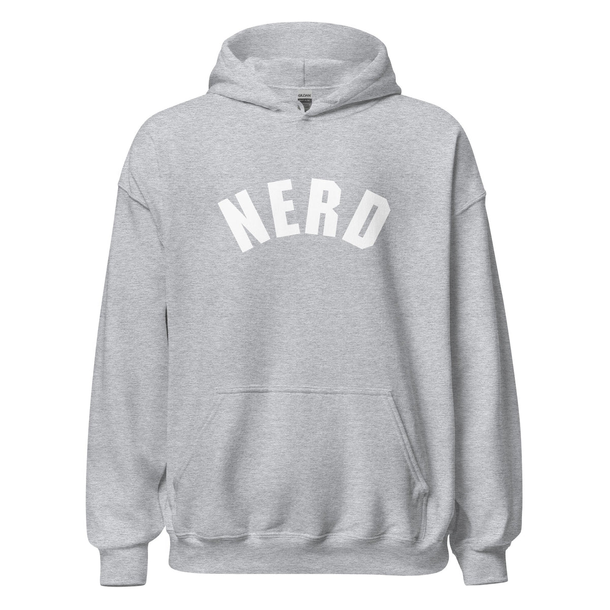 Product mockup photo of the Curved Nerd Sign Hoodie (unisex) Sport Grey / M.