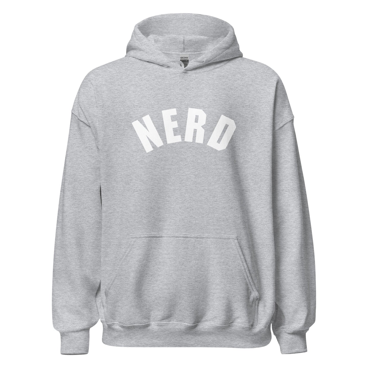 Product mockup photo of the Curved Nerd Sign Hoodie (unisex) Sport Grey / M.