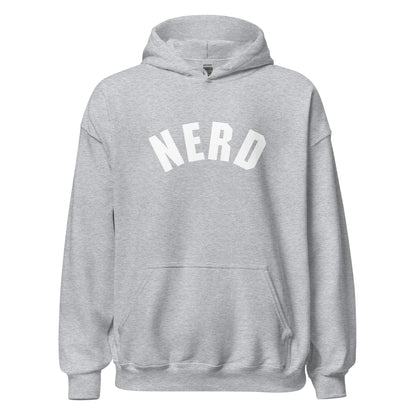 Product mockup photo of the Curved Nerd Sign Hoodie (unisex) Sport Grey / M.
