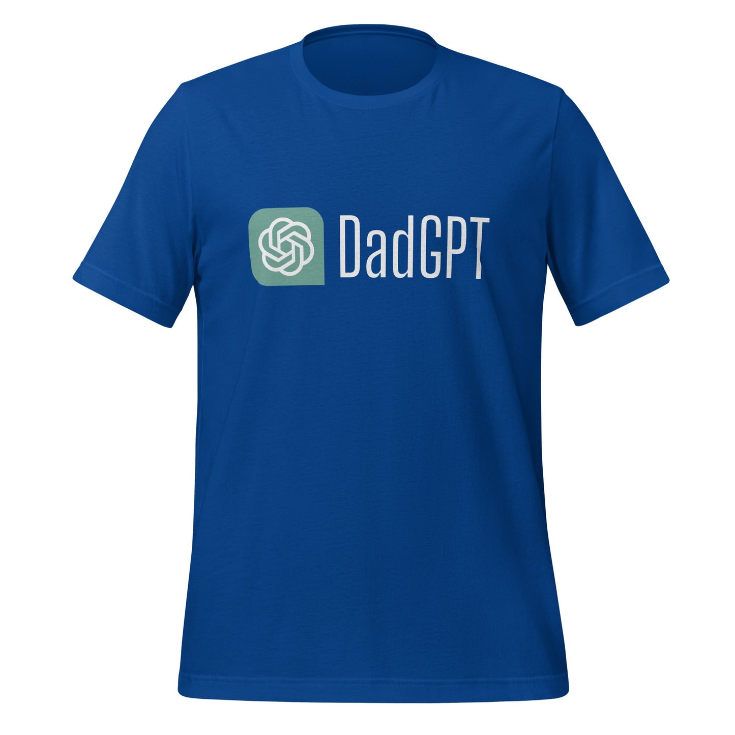 Product mockup photo of the DadGPT T Shirt 3 (unisex) True Royal / M.