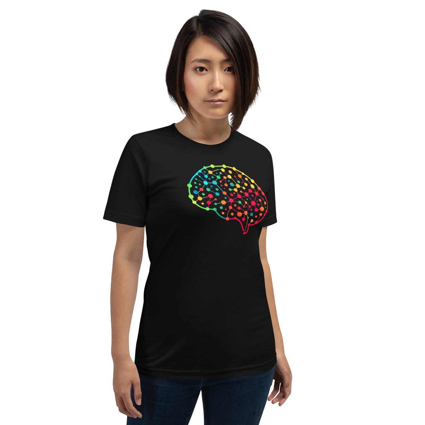 Product mockup photo of the DALL E Neural Network Brain T Shirt (unisex).