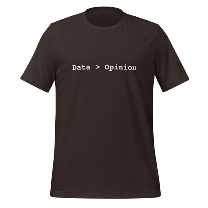 Product mockup photo of the Data > Opinion T Shirt (unisex) Brown / M.