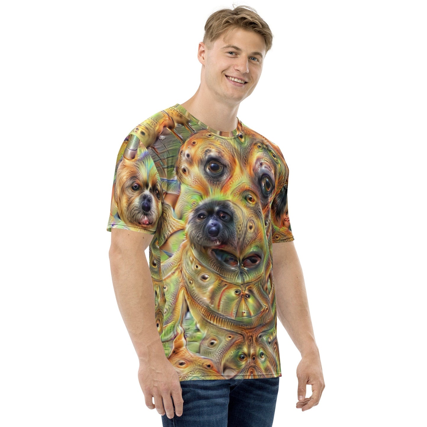 Product mockup photo of the Deep Dream Dogs T Shirt (men).